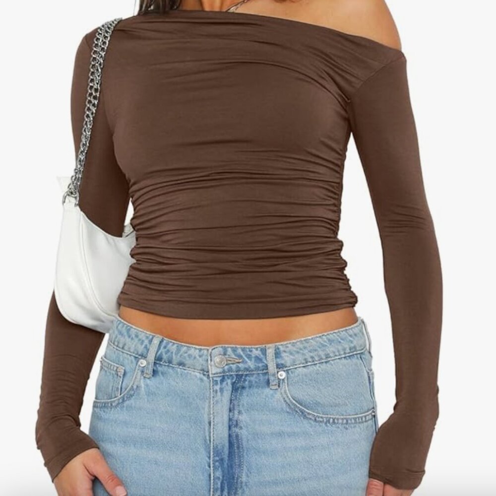 *NWT* Boat Neck Off Shoulder Long Sleeve Top - Brown